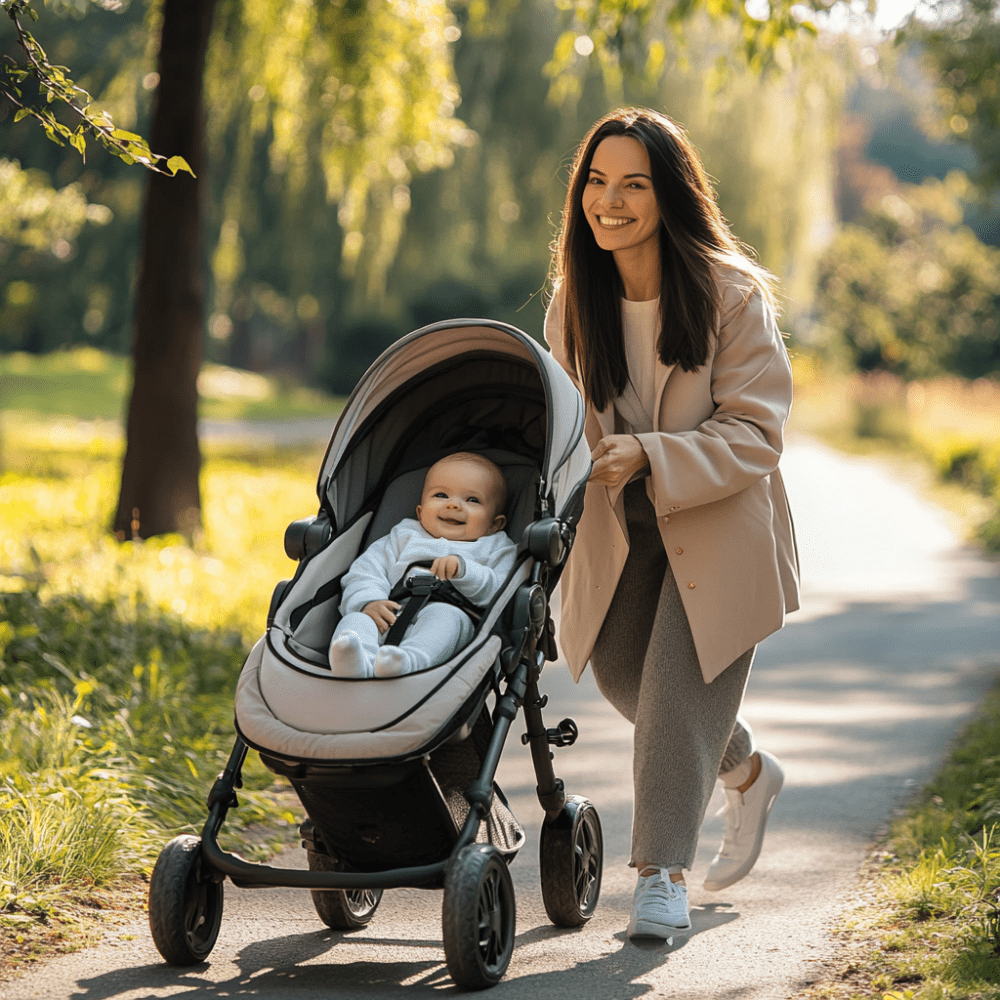 Jeune maman promenant son bébé