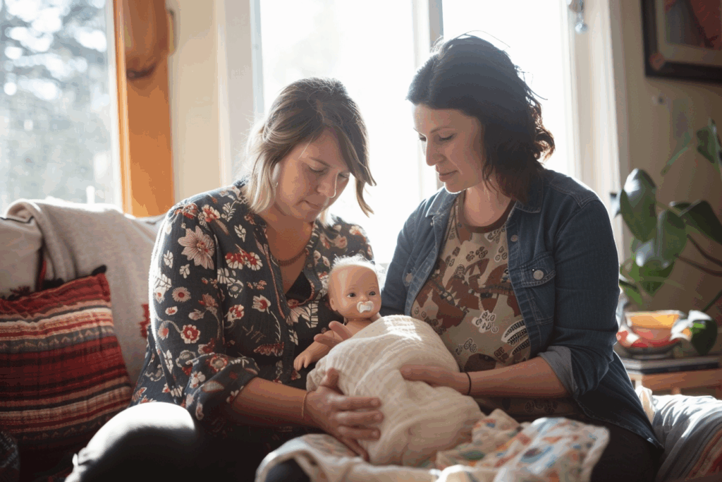 une doula enseigne à une maman les positions d'allaitement